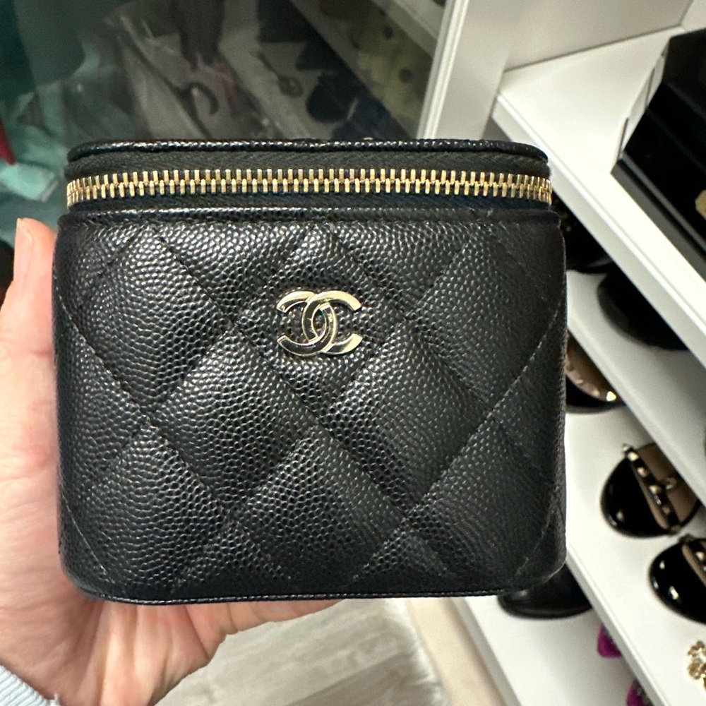 SOLD-CHANEL Black Mini Vanity with Light Gold Hardware